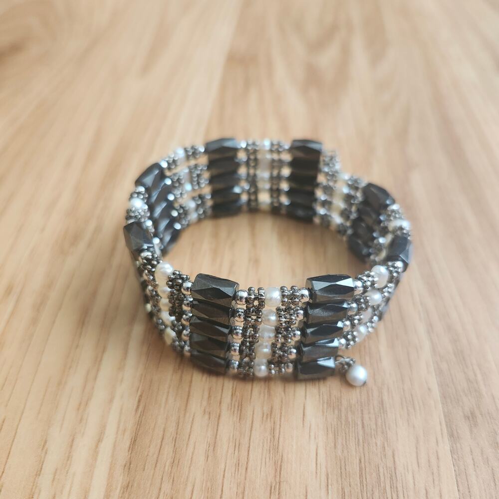 Magnetic Black Hematite Style & Faux Pearl 4 Strand Wrap Necklace Bracelet 34in